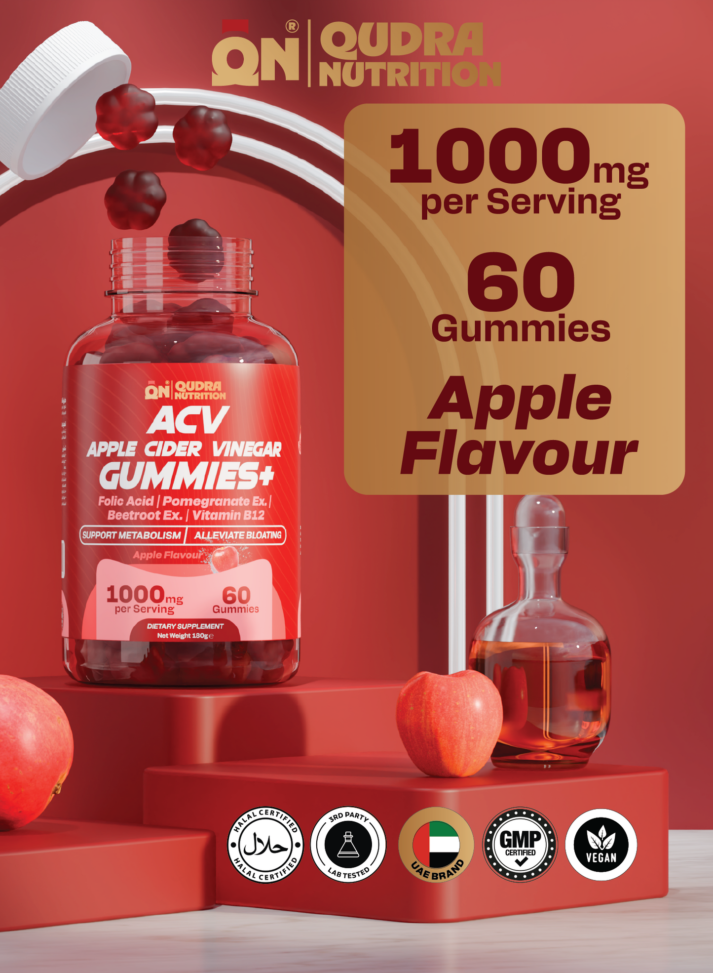 Apple Cider Vinegar (ACV) Gummies plus Folic Acid, Pomegranate, Beetroot Extracts, & Vitamin B12