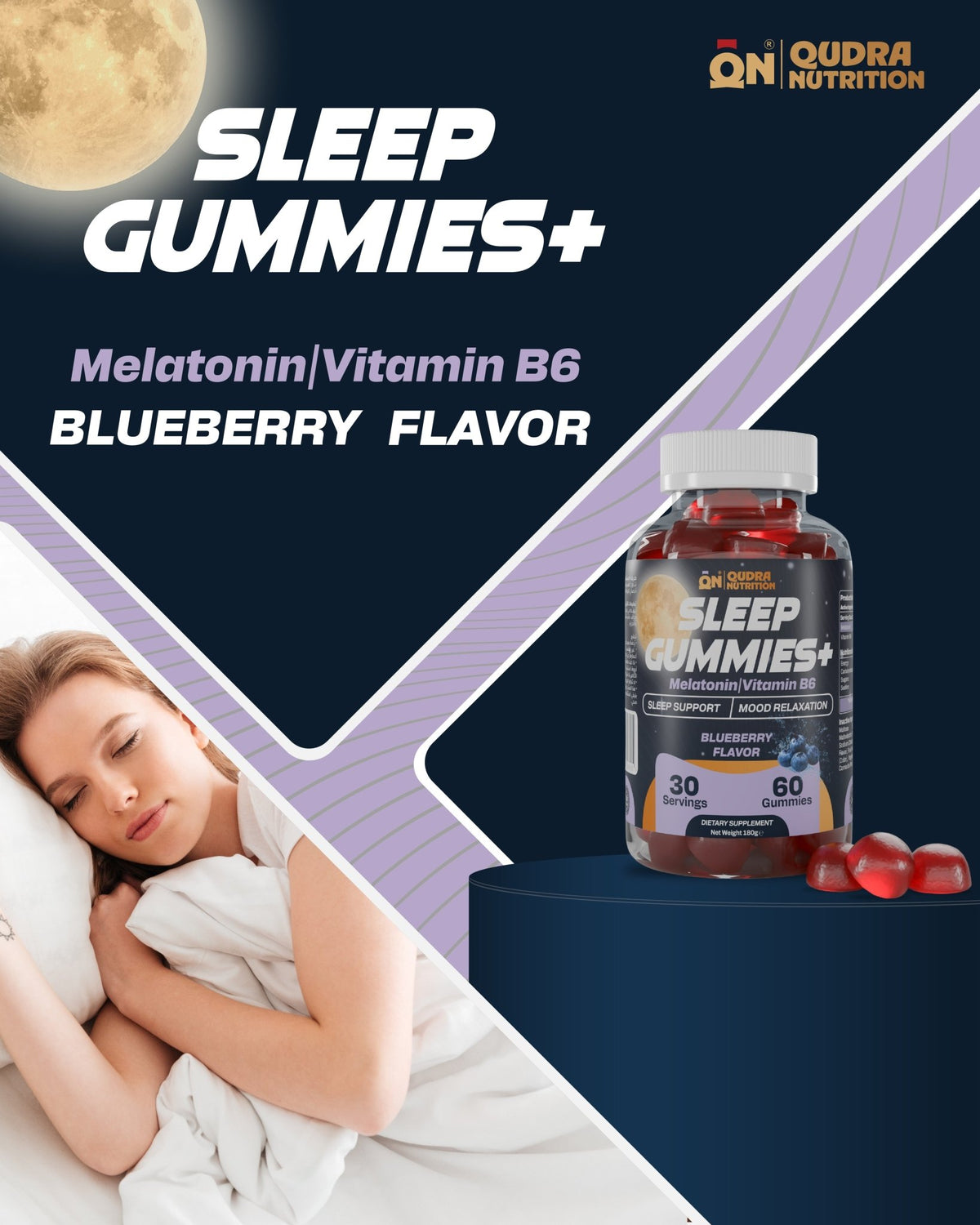 Sleep Gummies with Melatonin & Vitamin B6 | Blueberry Flavour | 60 Gummies (30 Servings) | Vegan, Halal & GMP Certified - Qudra Nutrition
